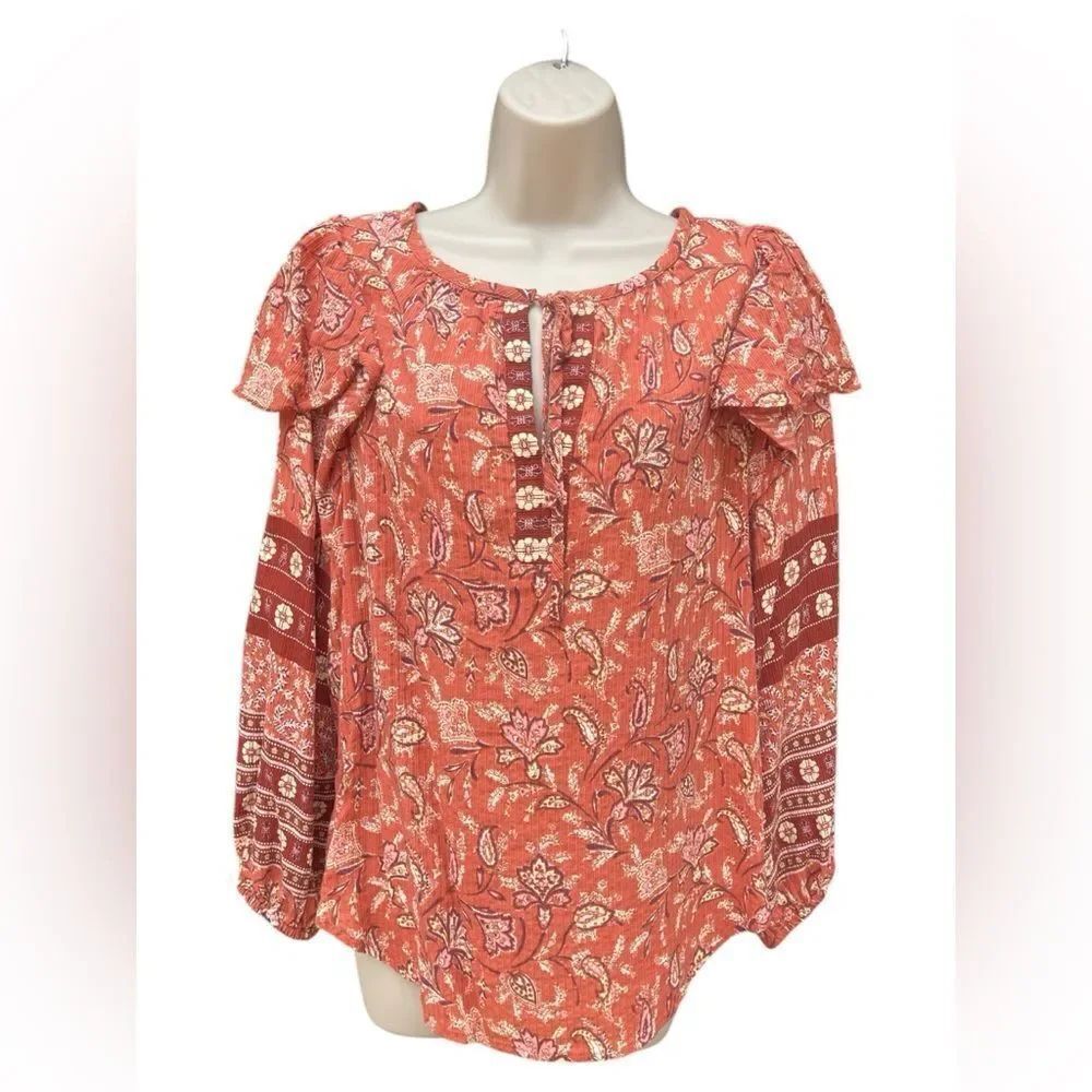 LOFT Rust Floral Print Blouse tie neck Elastic Sleeve Ruffle Shoulder L